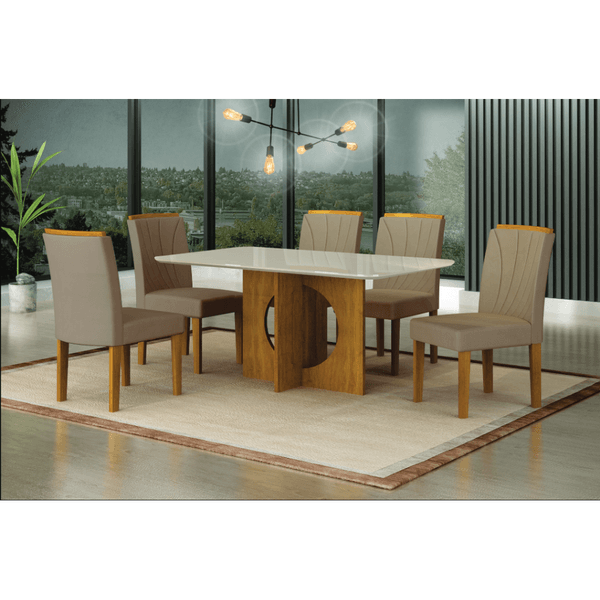 Mesa de Jantar Lorena MDF com 6 Cadeiras Estofadas e Tampo de Vidro Serigrafado Freijó / Off White