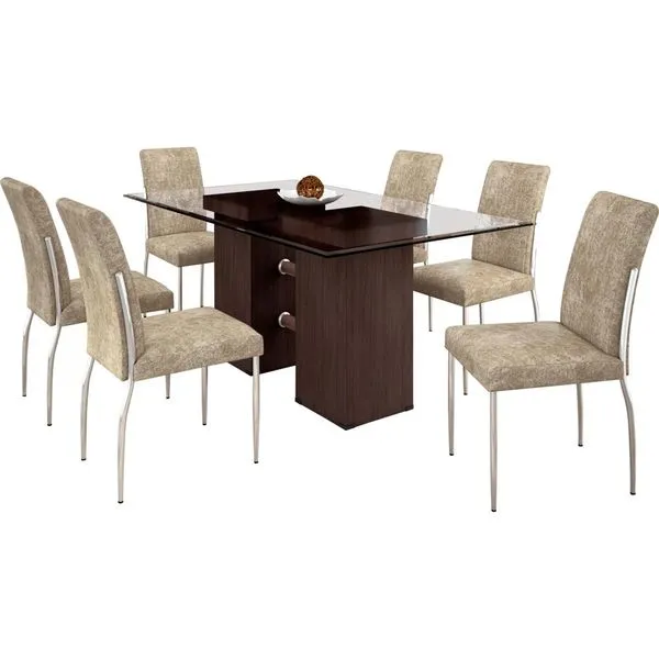 Conjunto de Mesa 6 Cadeiras com Tampo de Vidro - Somopar Hillux Prime / Fabiane Wengue / Bege