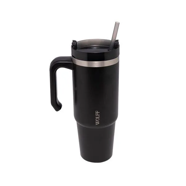 Caneca Térmica Wolff 890ml SlimTerm com Canudo, Parede Dupla e Base Ergonômica Preta Preto
