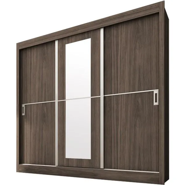 Guarda-roupa 3 Portas Espelhado com 8 Pés - Móveis Europa Turuna Café / Boreal