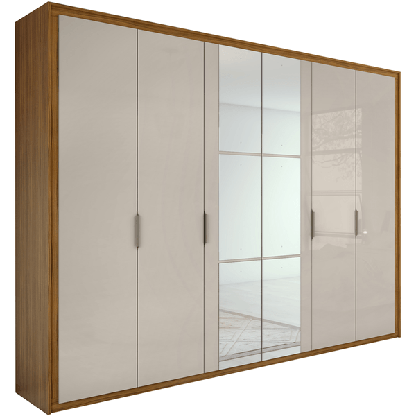 Guarda-roupa em MDF, Com Espelho, 6 Portas, 6 Gavetas - Stillus Rovere Naturale / Off-White