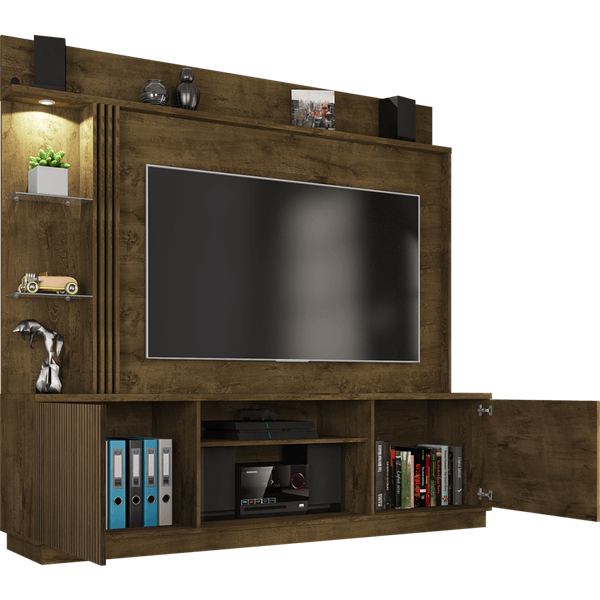 Estante em MDP Para Tv Ate 65'', Com LED, 4 Prateleiras, 2 Portas - Home Theater Atlanta Madeira Rústica/Ripado