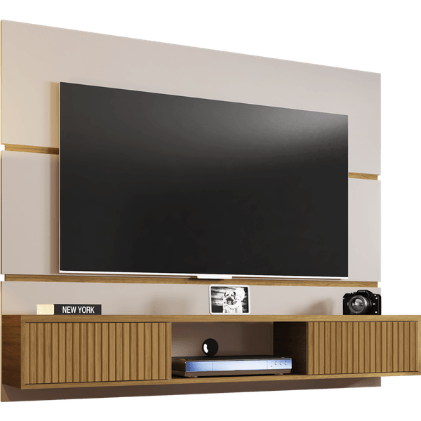 Painel para TV até 65'', MDP, 2 Portas - Âmbar Off-White/Cinamomo/Ripado