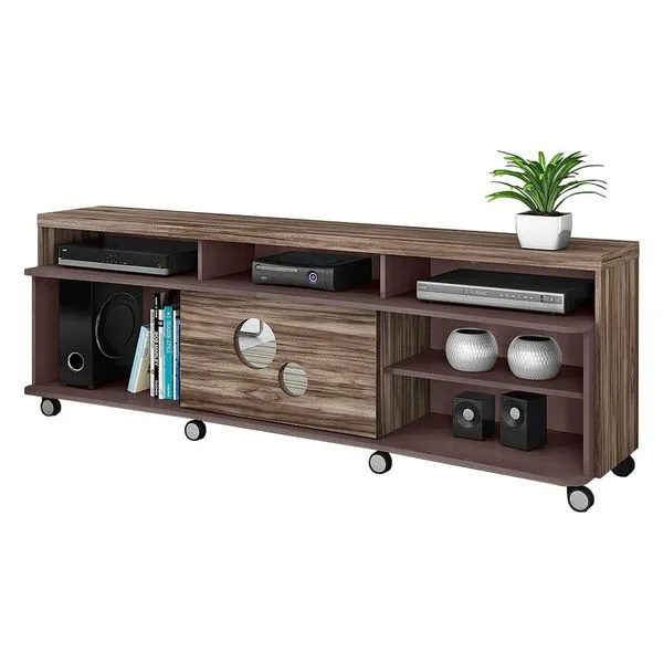 Rack com Porta Deslizante - Dj Móveis Hanover Carvalho Vittro / Fendi Brilho