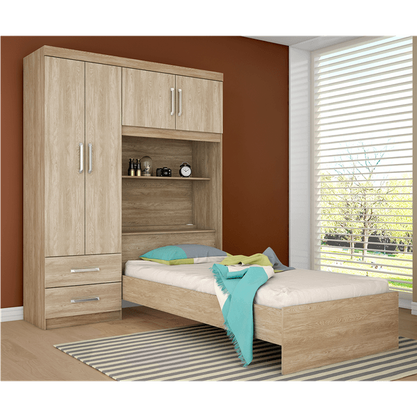 Guarda-roupa em MDP com Cama, 4 Portas, 2 Gavetas - Demóbile Dueto Nogal / Vanilla