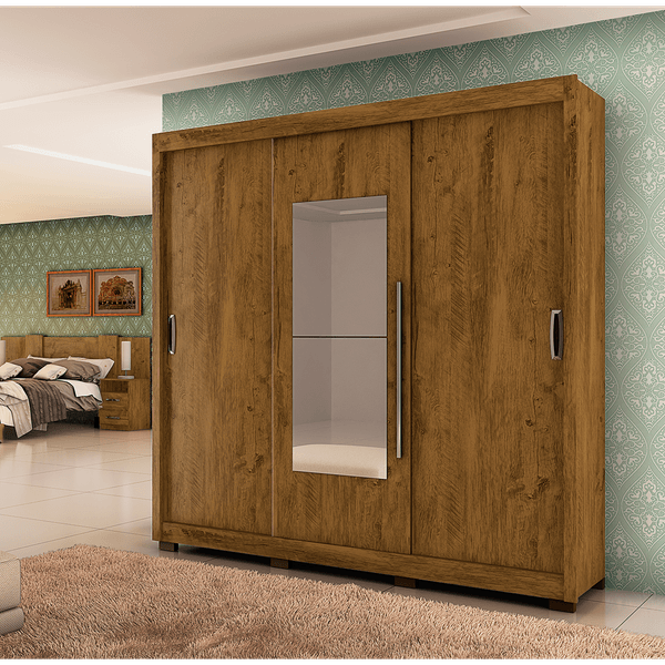 Guarda-Roupa 3 Portas, 3 Gavetas, com Espelho e Pés - Moval Montreal Castanho Wood