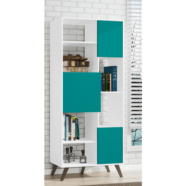 Estante Retrô, 3 Portas, 7 Prateleiras, MDP - Móvel Bento RT3039 Branco / Turquesa