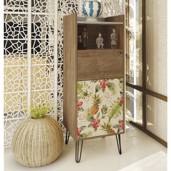 Cristaleira de Madeira 2 Portas, Com Pés Ferro Preto, MDF - Líder Design Style Buriti / Off White / Floral
