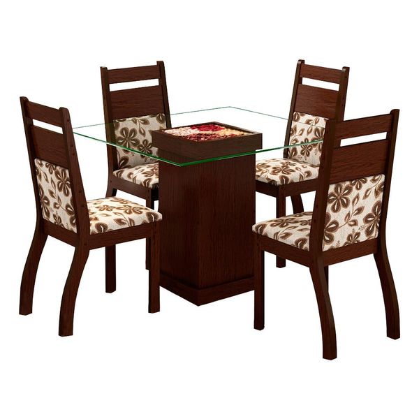 Mesa de jantar 4 Cadeiras com Tampo de Vidro - Viero Móveis Andi Ártico / Chocolate