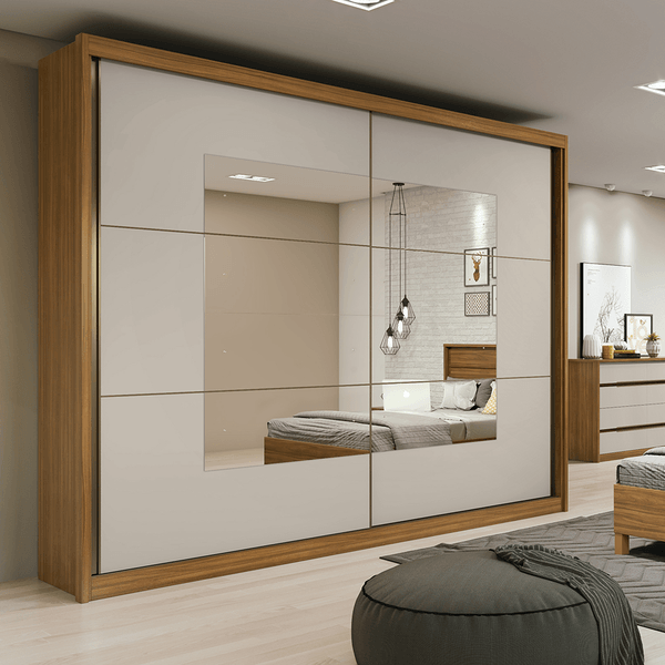 Guarda-roupa em MDF, 2 Portas, 6 Gavetas, Com Espelho - Toronto Plus Rovere Naturale / Off White