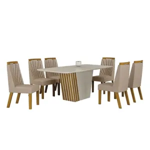 Mesa de Jantar Liz 1,80m MDF com 6 Cadeiras Estofadas e Tampo de Vidro Serigrafado Temperado Palha Freijo / Off White