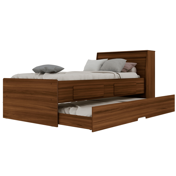 Cama Solteiro com Auxiliar, 2 Gavetas, Baú na Cabeceira - BiBox Teen Nogueira