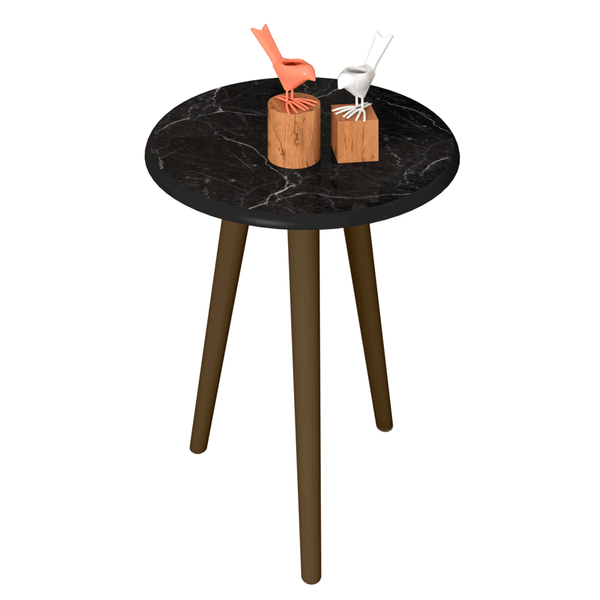 Mesa Lateral Redonda Retrô em MDF, Pintura UV, Pés Madeira Pinus - Brilhante Nero / Carrara