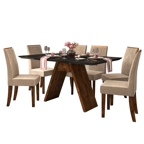 Mesa de Jantar Cristina com 6 cadeiras Linho Saara , MDP e MDF - Novo Mundo Preto Veludo