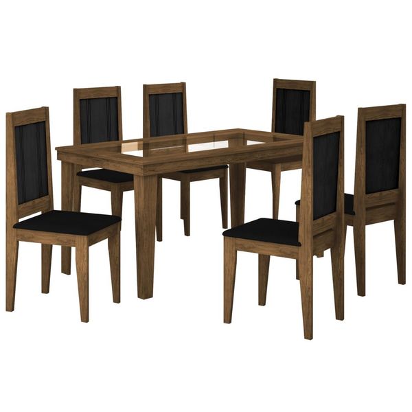 Mesa de Jantar 6 Cadeiras com Tampo de Vidro - Rufato Bari Ipê / Ébano
