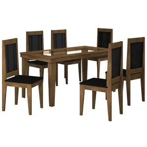 Mesa de Jantar 6 Cadeiras com Tampo de Vidro - Rufato Bari Ipê / Ébano
