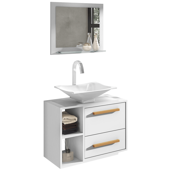 Conjunto para Banheiro, 1 Porta, Com Cuba, 2 Prateleiras, 1 Espelho - Barcelona Branco