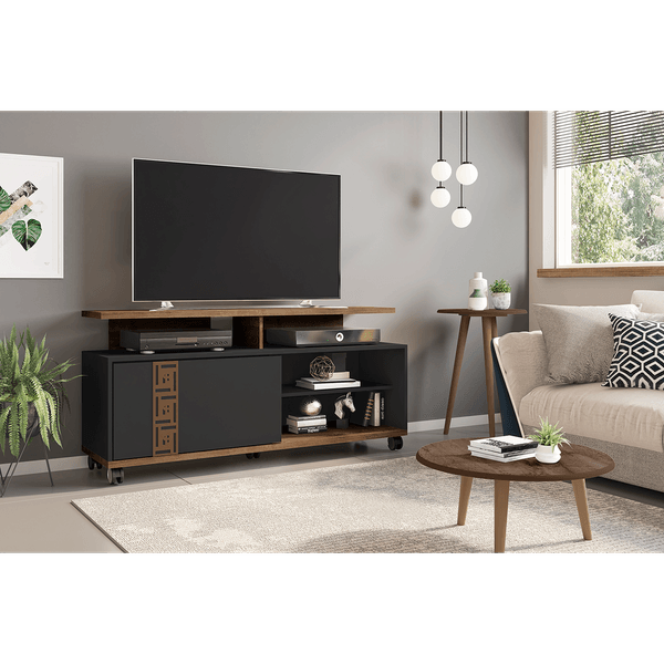 Rack em MDP para TV até 52'', 1 Porta, 1 Prateleira, 5 Rodízios - Topázio Madeira Rustica / Preto Fosco
