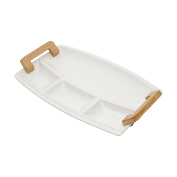 Petisqueira de Porcelana Bon Gourmet, com Alça em Madeira, Branca - 35497