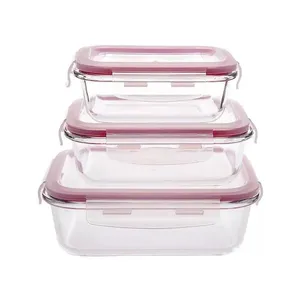 Conjunto de Potes Casambiente de Vidro Rosa Hermético com Tampa Lock Retangular com 3 Peças