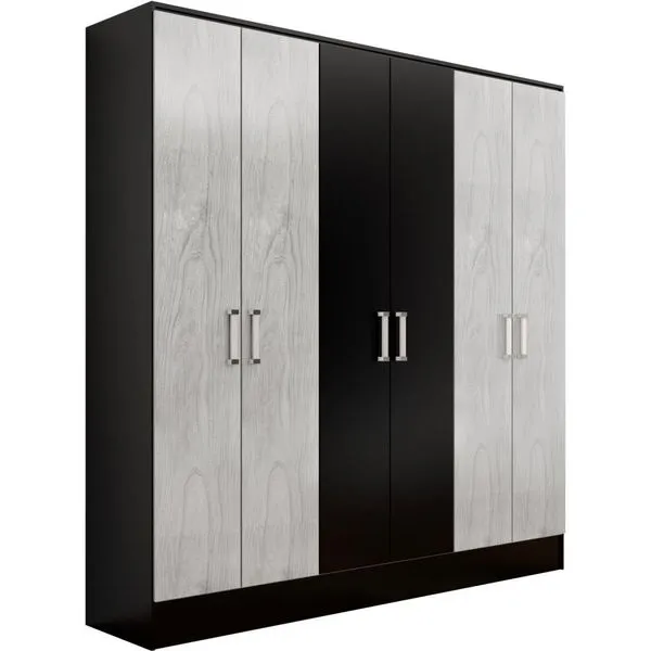 Guarda-roupa 6 Portas 2 Gavetas com Pés - Maxel Paris Cinza / Preto