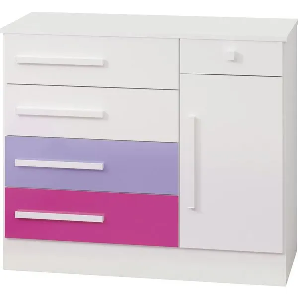 Cômoda Sapateira 5 Gavetas 1 Porta - Santos Andirá Teen LOL Branco / Fúcsia / Lilás