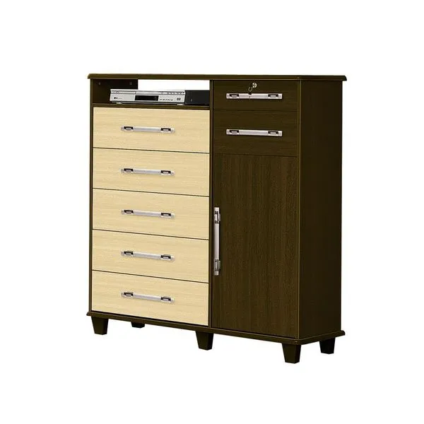 Cômoda em MDP e MDF, 7 Gavetas, 1 Porta - Fabrimóveis Pérola Tabaco / Maple