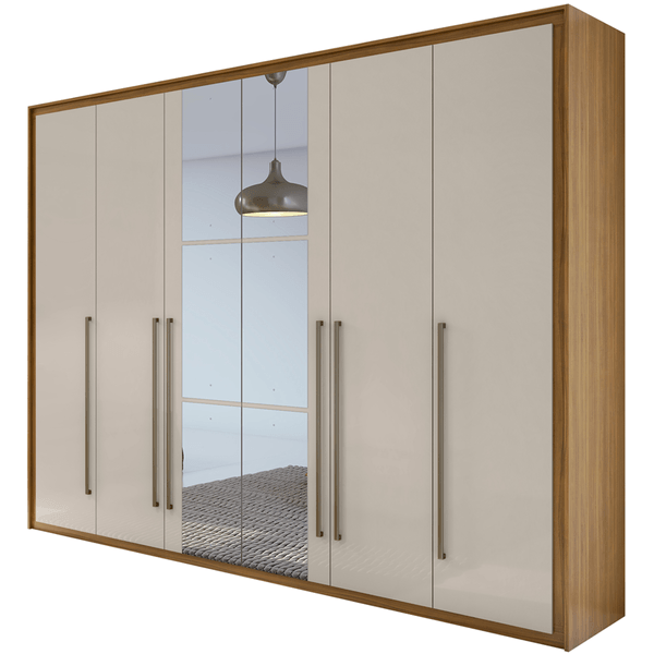 Guarda-roupa em MDF, Com Espelho, 6 Portas, 6 Gavetas - Reali New Rovere Naturale / Off-White