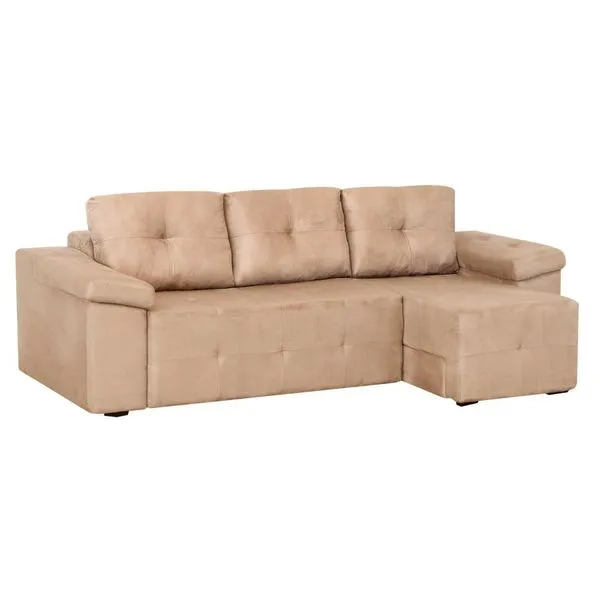 Sofá 2 Lugares com Chaise em Tecido - Gralha Azul Zen Bege