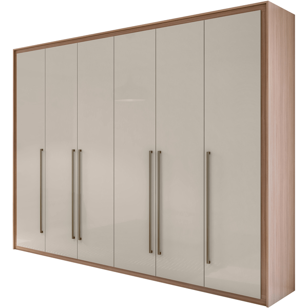 Guarda-roupa em MDF, 6 Portas, 6 Gavetas, Puxadores de Alumínio - Reali New Carvalho Naturale / Off-White