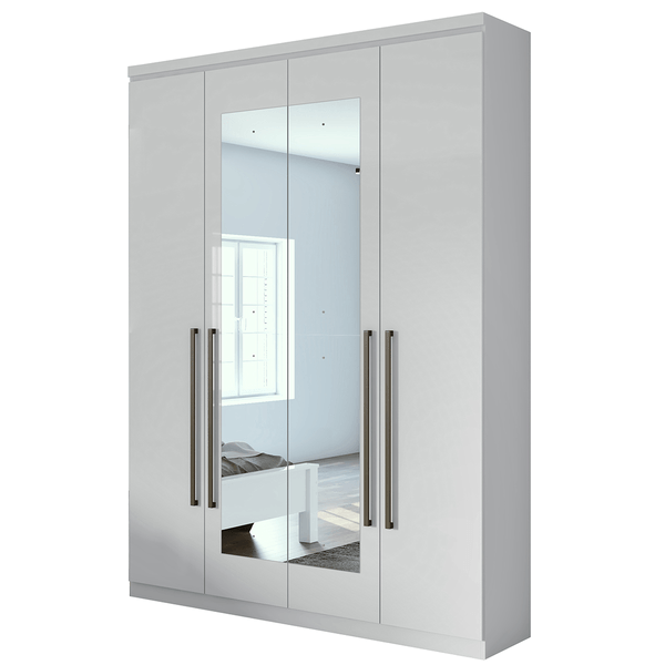 Guarda-roupa em MDF, Com Espelho, 04 Portas, 02 gavetas, 02 Prateleiras - Alonzo New Branco