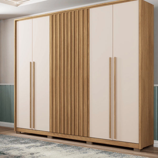 Guarda-Roupa Casal MDP/MDF 6 Portas 4 Gavetas Pés em PVC - New Comodus Buriti / Off-White