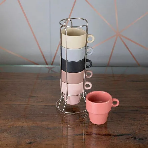 Conjunto 6 Xícaras Cerâmica Café 90ml Coloridas Empilháveis com Suporte Wolff Transparente
