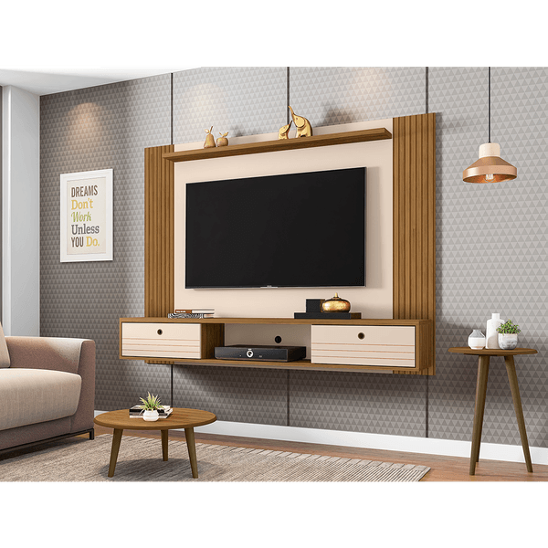 Painel Home para TV de 65'', MDP/MDF, 2 Portas, 2 Prateleira - Ametista 3D Ripado Cinamomo / Off-White
