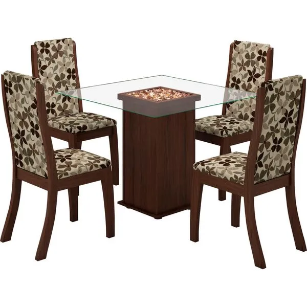 Mesa de Jantar 5 Peças Viero Móveis Click com Tampo de Vidro Tabaco / Terra