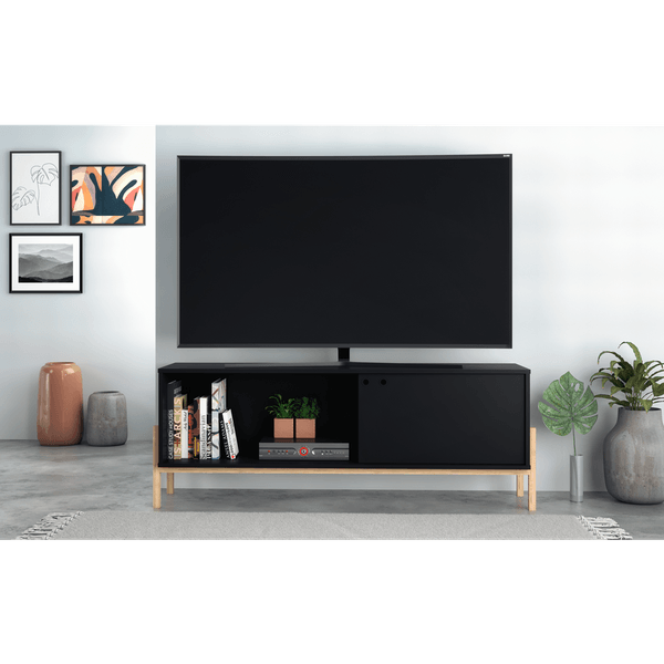 Rack em MDP para TV de até 48'', 1 Porta, Pés em Madeira Maciça - BR 52-182 Preto / Pinus