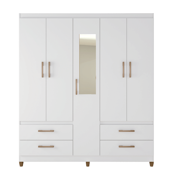 Guarda-Roupa Casal Conveniente em MDP 5 Portas 4 Gavetas com Espelho Branco