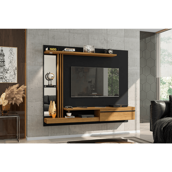 Painel para TV até 55'' com Espelho, MDP, 1 Porta, 3 Prateleiras - Denver Preto Fosco / Cinamomo