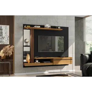 Painel para TV até 55'' com Espelho, MDP, 1 Porta, 3 Prateleiras - Denver Preto Fosco / Cinamomo