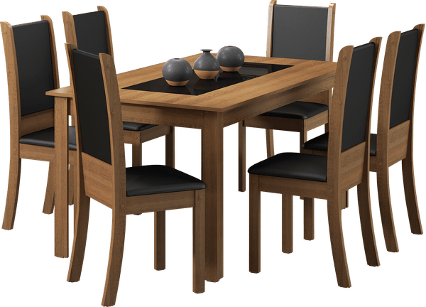 Mesa de Jantar, MDF / MDP / Vidro, 7 Peças - Madesa Dakar Rústico / Preto
