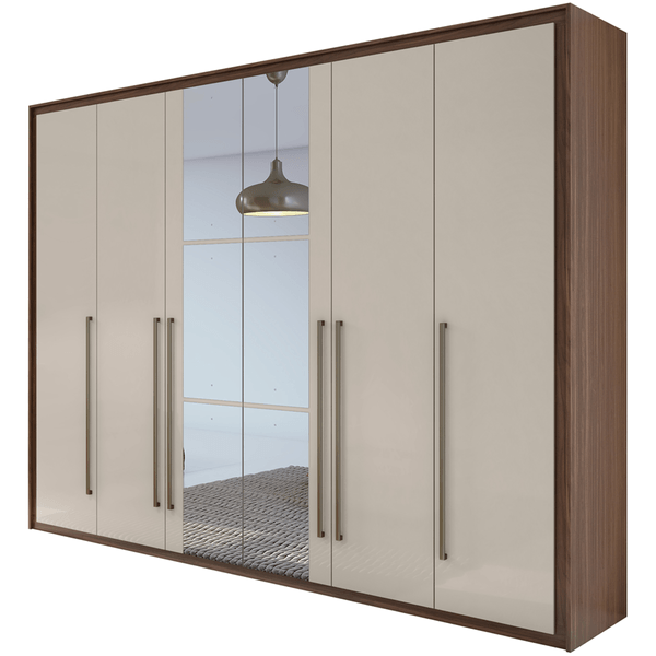 Guarda-roupa em MDF, Com Espelho, 6 Portas, 6 Gavetas - Reali New Imbuia Naturale / Off-White