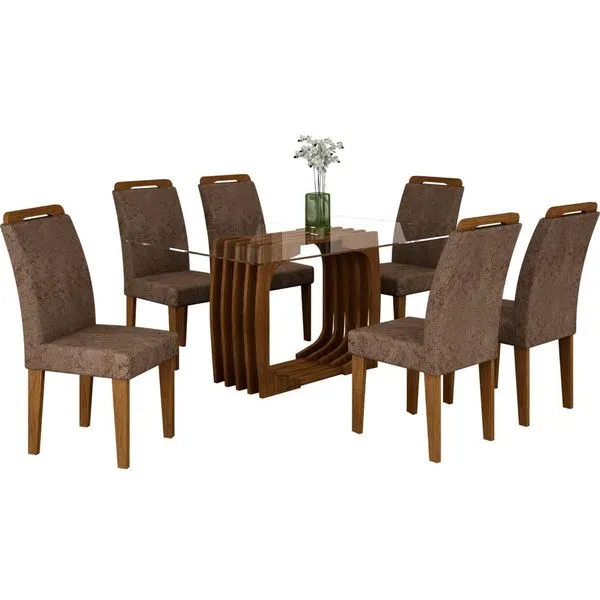 Mesa de Jantar 7 Peças 100% MDF com Tampo em Vidro, Tecido Suede Amassado - Rufato Monalisa 1800 Chocolate