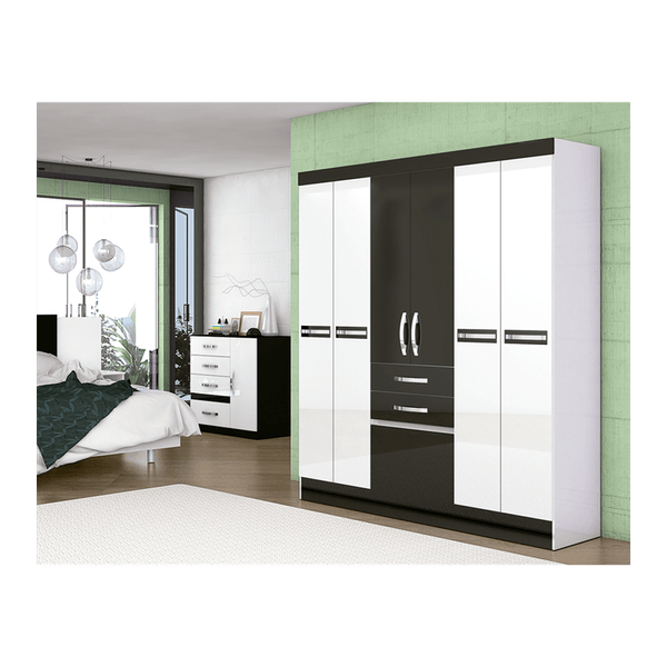Guarda-roupa 6 Portas 2 Gavetas e Sapateira - Moval Mafra Branco / Preto