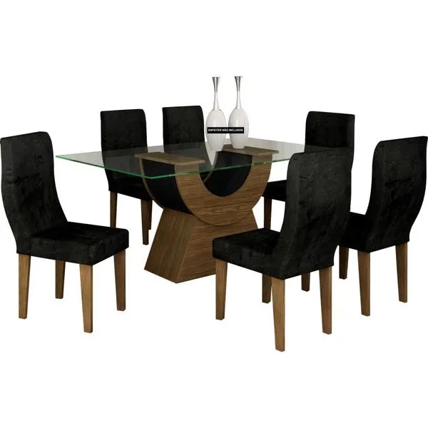 Mesa de Jantar 6 Cadeiras com Tampo de Vidro - Malta Ipê / Ébano