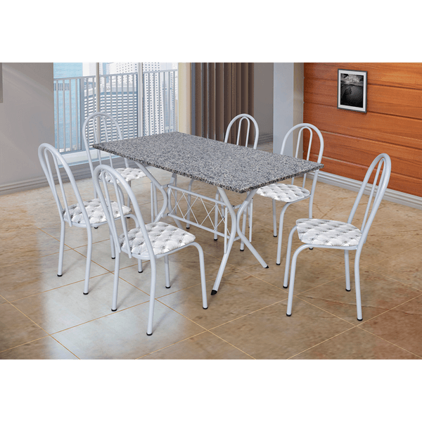 Mesa de Jantar com 6 Cadeiras, Tampo em Granito, Aço Carbono - Bruna Branco / Estampa Capitonê