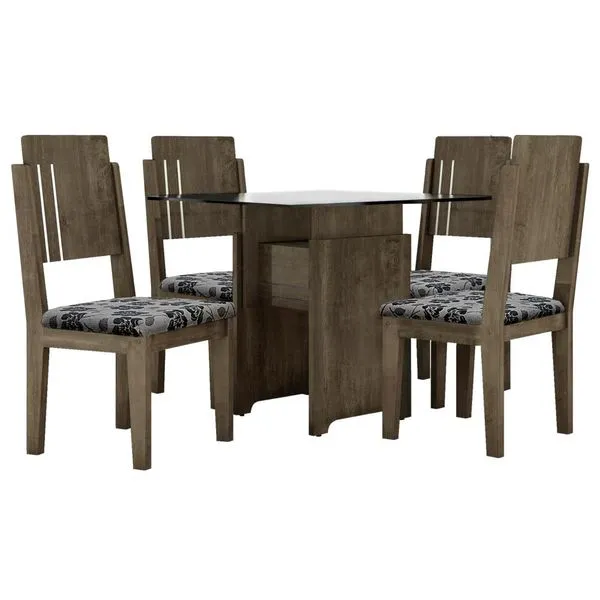Mesa de Jantar 5 Peças com Tampo em Vidro - RV Móveis Esmeralda Teka / Floral