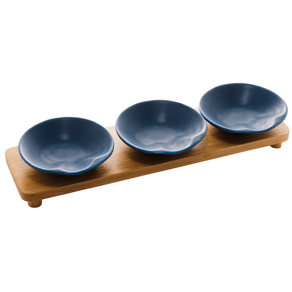 Conjunto Petisqueira Bon Gourmet, 3 Peças, Bandeja Bambu, Porcelana, Azul - 28471