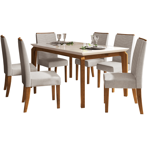 Mesa de Jantar, 6 Cadeiras, Tampo Madeira com Vidro, 170x90 - Dj Móveis Rouge Rustic / Terrarum / Branco