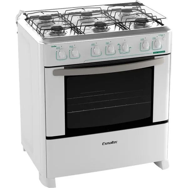 Fogão 6 Bocas de Piso Esmaltec, Tampa em Vidro Temperado, Branco - Caribe