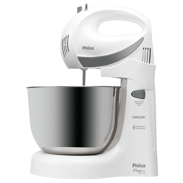 Batedeira Philco, 350W, 4 Velocidades, Botão Turbo, 4 Litros, Plástico/Inox, Branco - Paris 110V